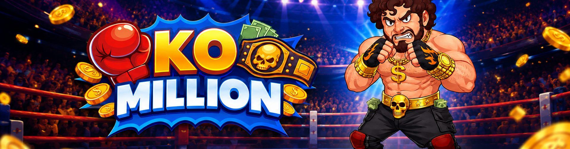 Baner gry KO Million od InOut Games: bokser w gardzie na ringu areny pod deszczem złotych monet
